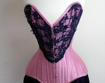 SALE 22" Pink Satin Overbust with Navy Lace, Crystals and Spikes