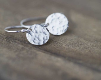 Sterling Silver Earrings Handmade, Summer Outdoors Party Minimalist Hammered Dangle Disc Earrings, Gift for Women, Handmade by Burnish