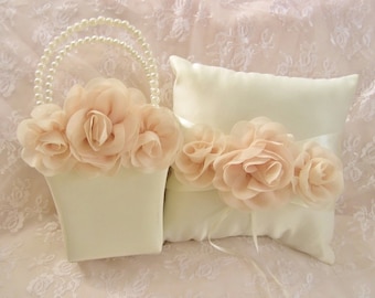Blush Rose Flower Girl Basket and Ring Bearer Pillow Blush Rose Blossom Flower Girl Basket Blush Wedding