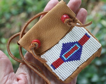 Beaded Medicine Bag - Loom Beaded Band - Soft Brown Leather, medicine pouch, amulet bag, stash bag, festival necklace, ethnic