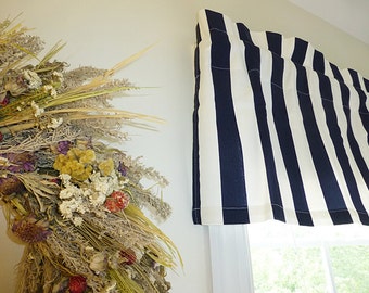 Navy Blue Stripes Unlined Curtain Valance - Blue Valance - Blue Window Curtain - Striped Navy Blue Valance 52 x 16 with Ruffled Top