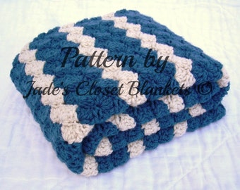 Crochet Baby Blanket Pattern, Instant Download, Ocean Waves, Cape Cod Blue with Off White Accent Stripes, Crib size and Travel size included