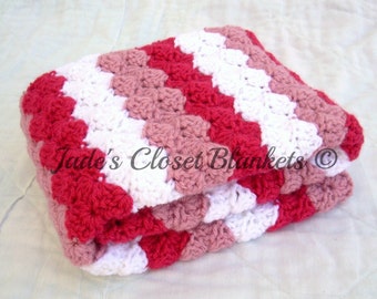 Crochet Baby Blanket, Cherry Pink, Cheery Cherry, Lullaby Pink, and White, Travel Size