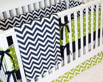 Baby Boy Crib Bedding - Navy Chevron, Lime Green Chevron and Grey Stripe Baby Boy Bedding