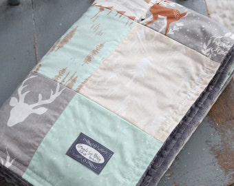 Patchwork Baby Blanket - Mint, Grey and Beige Woodlands Quilt