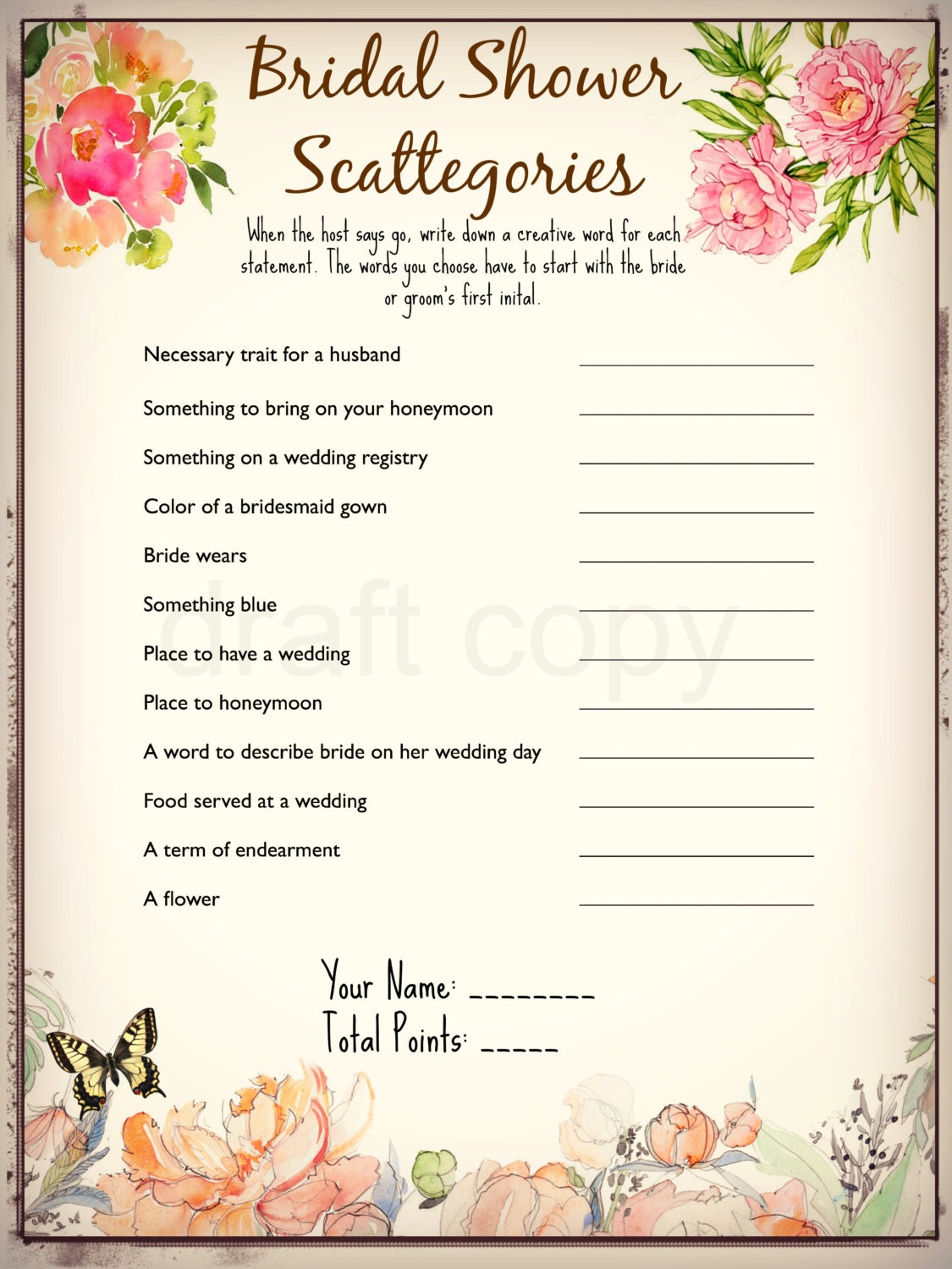 bridal shower scattegories instant download by