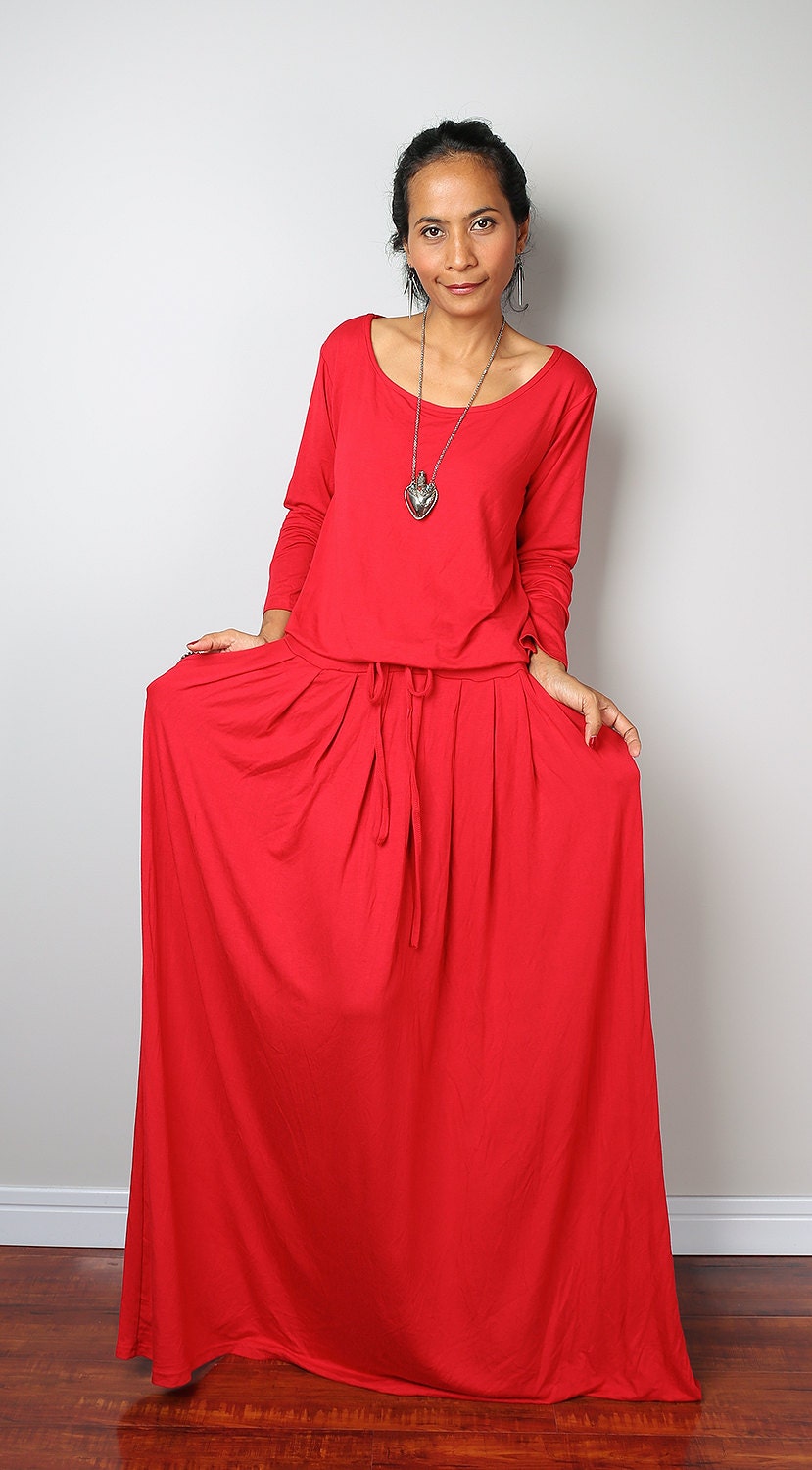 Red Dress Long Sleeved Red Maxi dress : Autumn Thrills