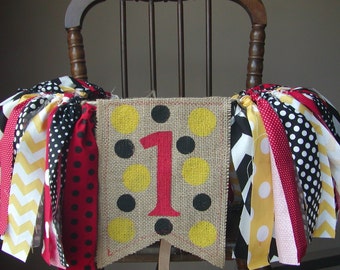 WEEKEND SALE Ends Sunday Birthday Banner Mickey Mouse Highchair Garland/Banner ,Photo Prop, Rag Tie High Chair Banner