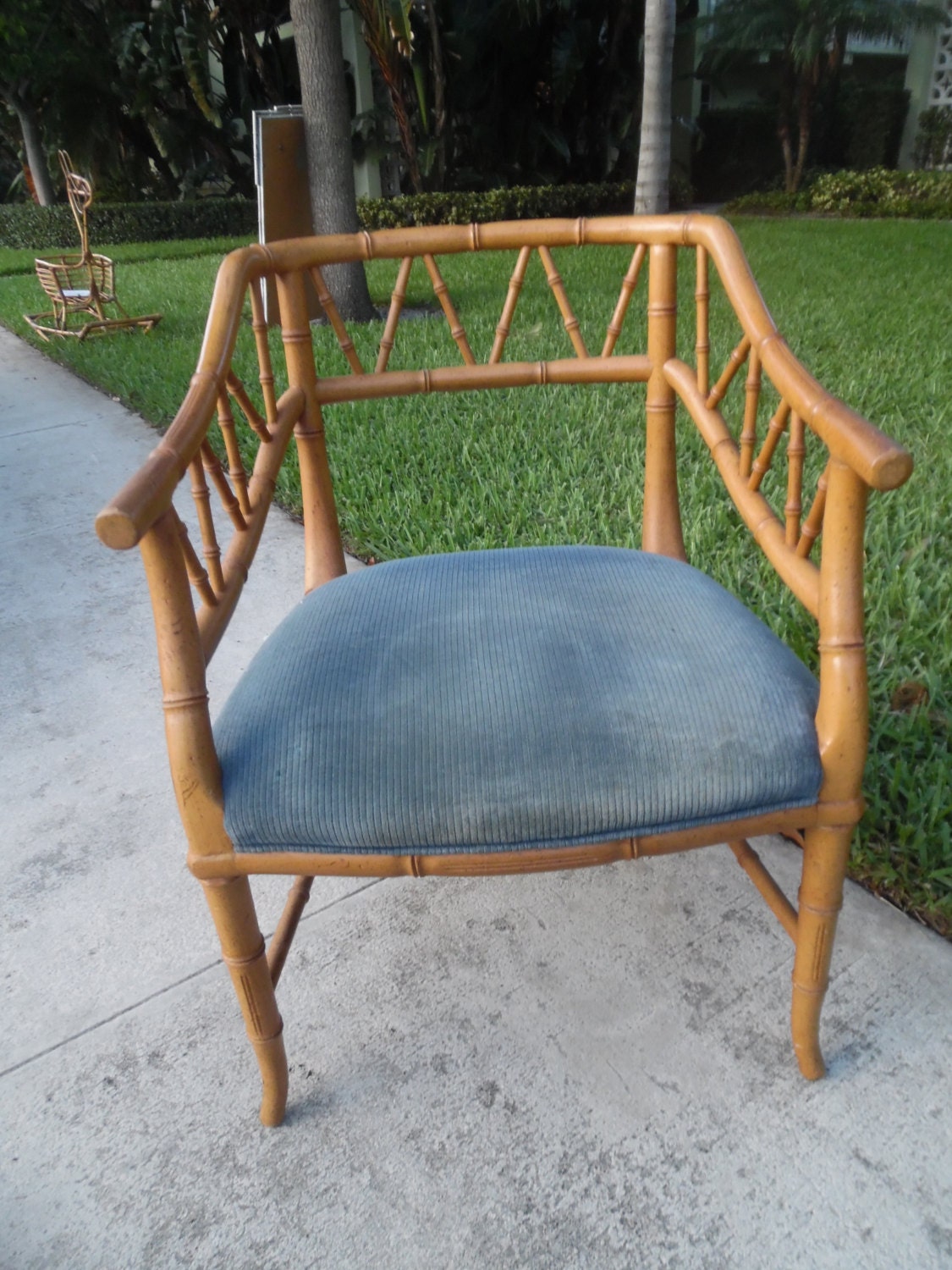 LOW AND FAUX / Faux Bamboo Office Chair / Angled Bamboo Detailing / Hollywood Regency / Palm