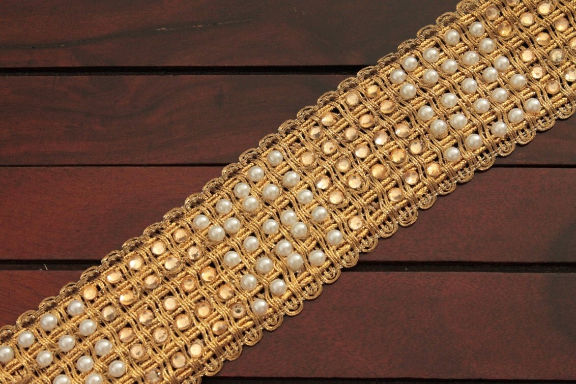 1.5 Yards Antique Gold Toned Silk Fabric Trim Studded with