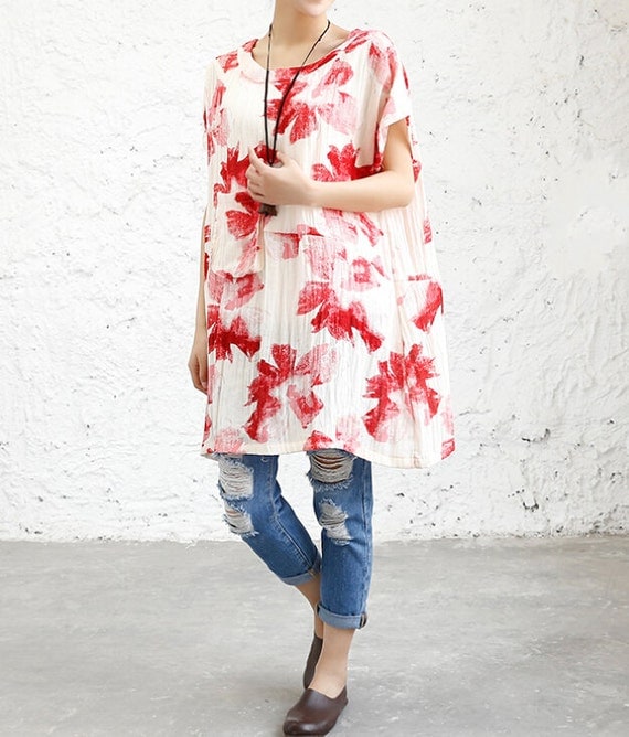 linen loose fitting Long t shirt oversize short sleeved by MaLieb