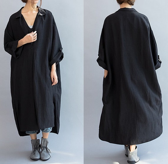 Women Loose Fitting linen Long dress/ Cotton Asymmetric gray