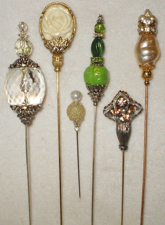 6 Antique style Victorian Hat Pins with vintage and antique
