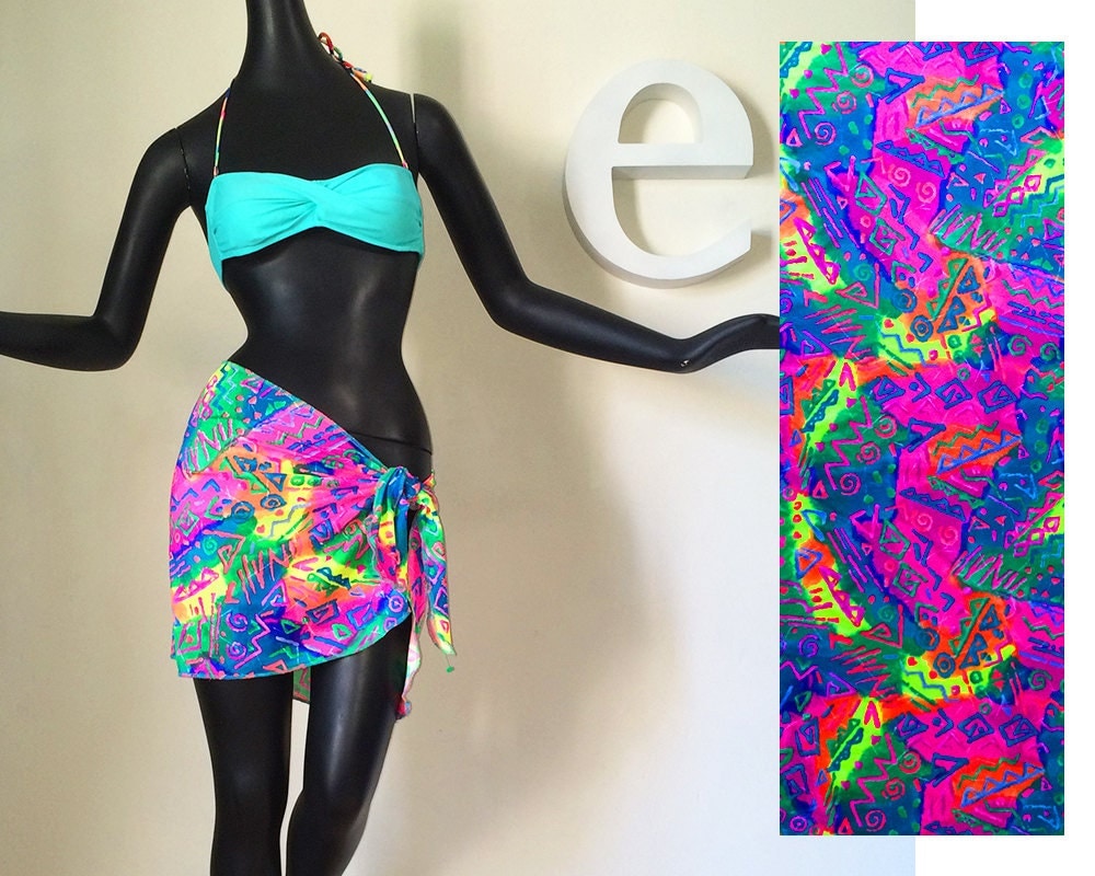 Vintage 80s NEON Swimsuit Cover Up Pareo Wrap Skirt New Wave