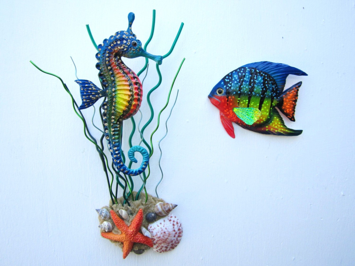 Seahorse sculpture wall art with angelfish by artistJP on Etsy