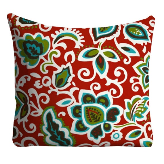 Red Turquoise Floral Outdoor Pillows Red 20 x 20