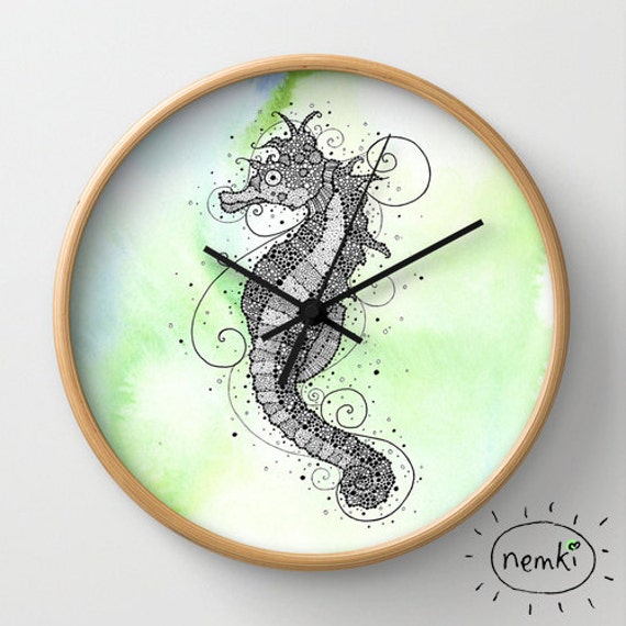 Seahorse Wall Clock 10 Inch Illustrated by nemki on Etsy