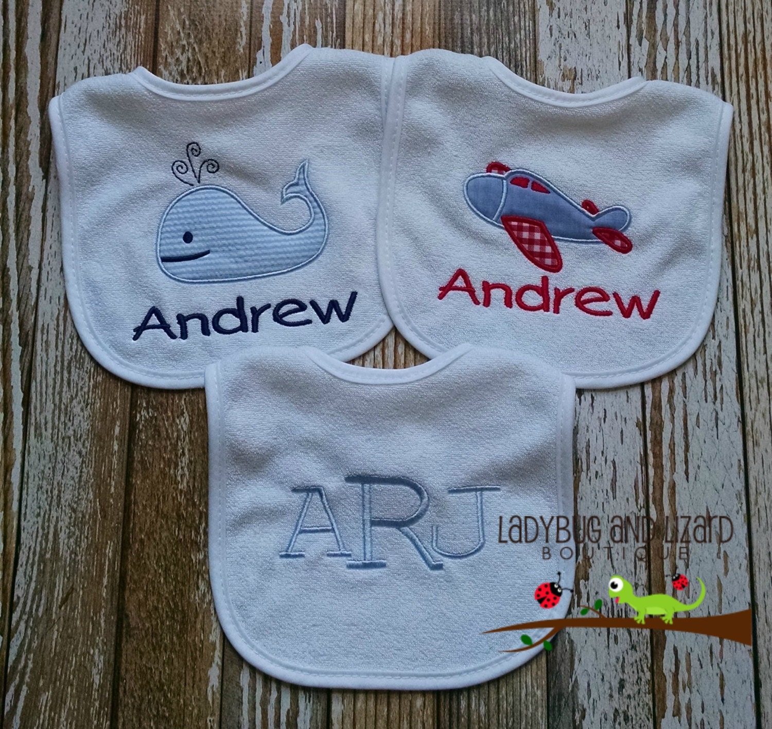 Set of 3 Monogram Applique Boy's Bibs