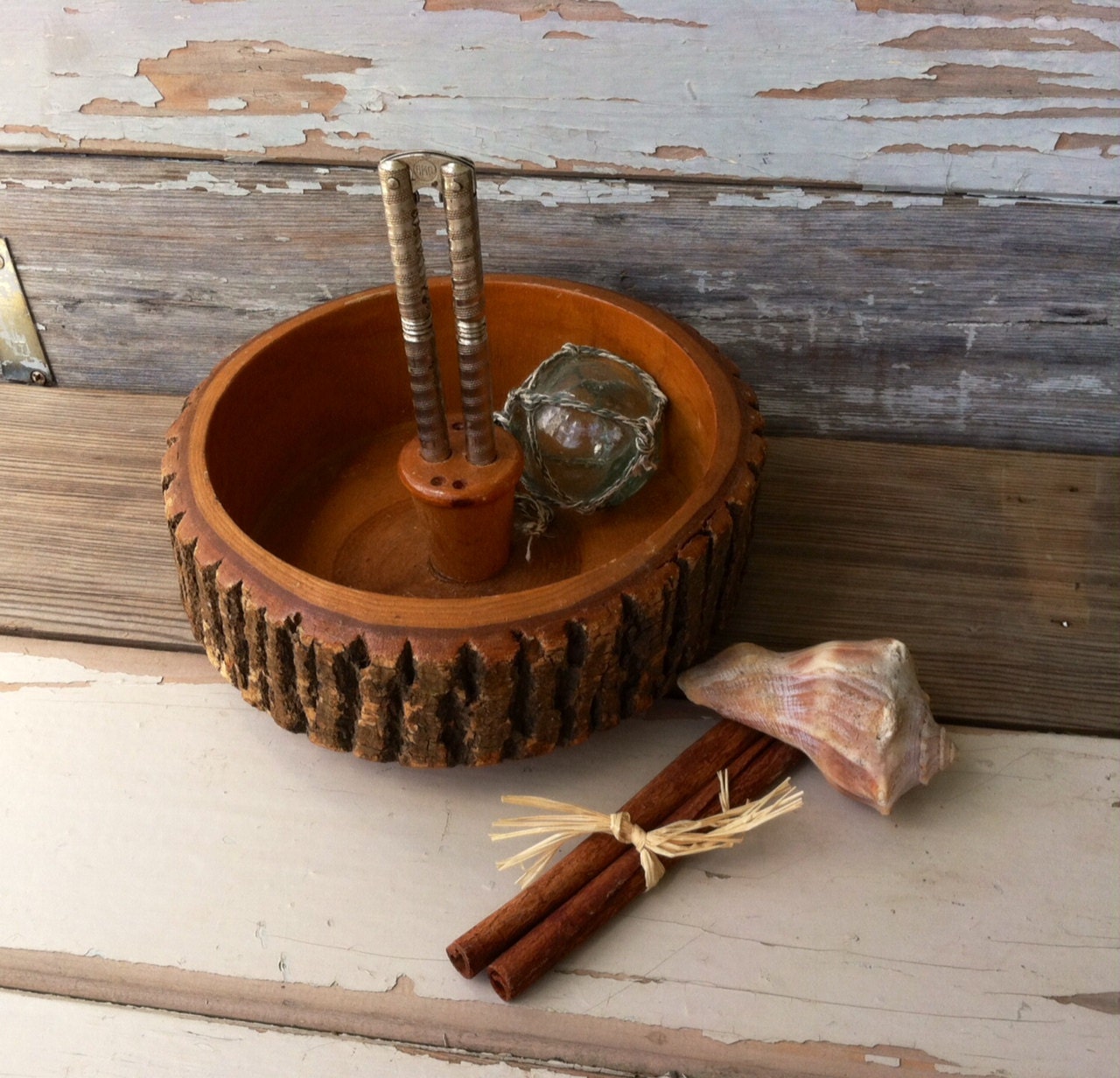 Vintage Wood Bark Nut Bowl Mid Century Authentic Wooden