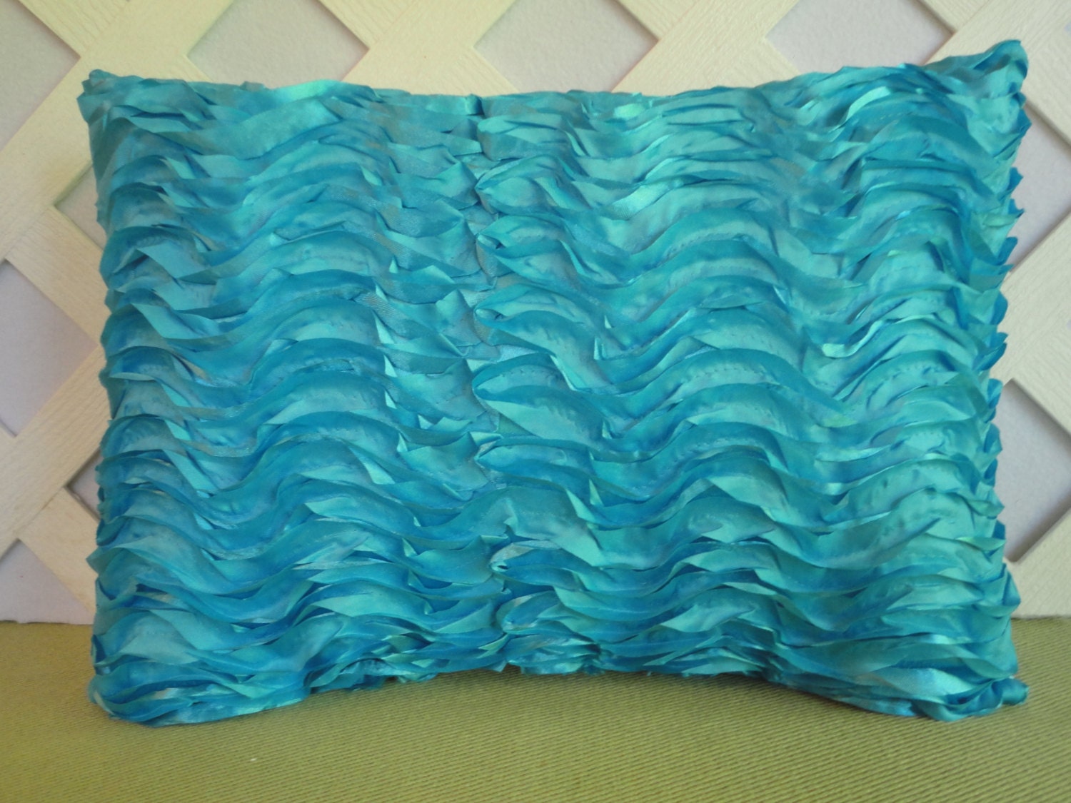 Ribbon Pillow/ Silky Ribbon Ruffled Pillow/ Turquoise Blue