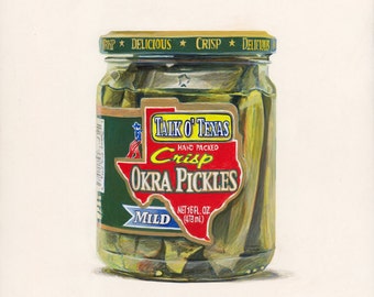 Okra Pickles. Original egg tempera illustration from 'The Taste of America' book.
