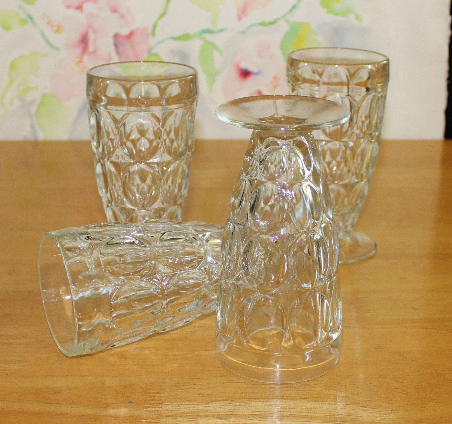 Vintage Set of 4 Glass Thumbprint Footed Juice