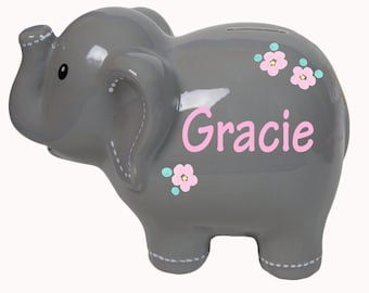 Personalized Gray & Pink Elephant Bank for Girls Gray with White Name for Boys Ceramic Elephant Piggy Bank Personalized Elephants ELEP-gray