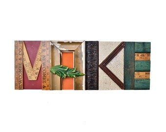 reclaimed wood, mixed media assemblage, BIG 22", architectural wood salvage, sign original MAKE sign by Elizabeth Rosen