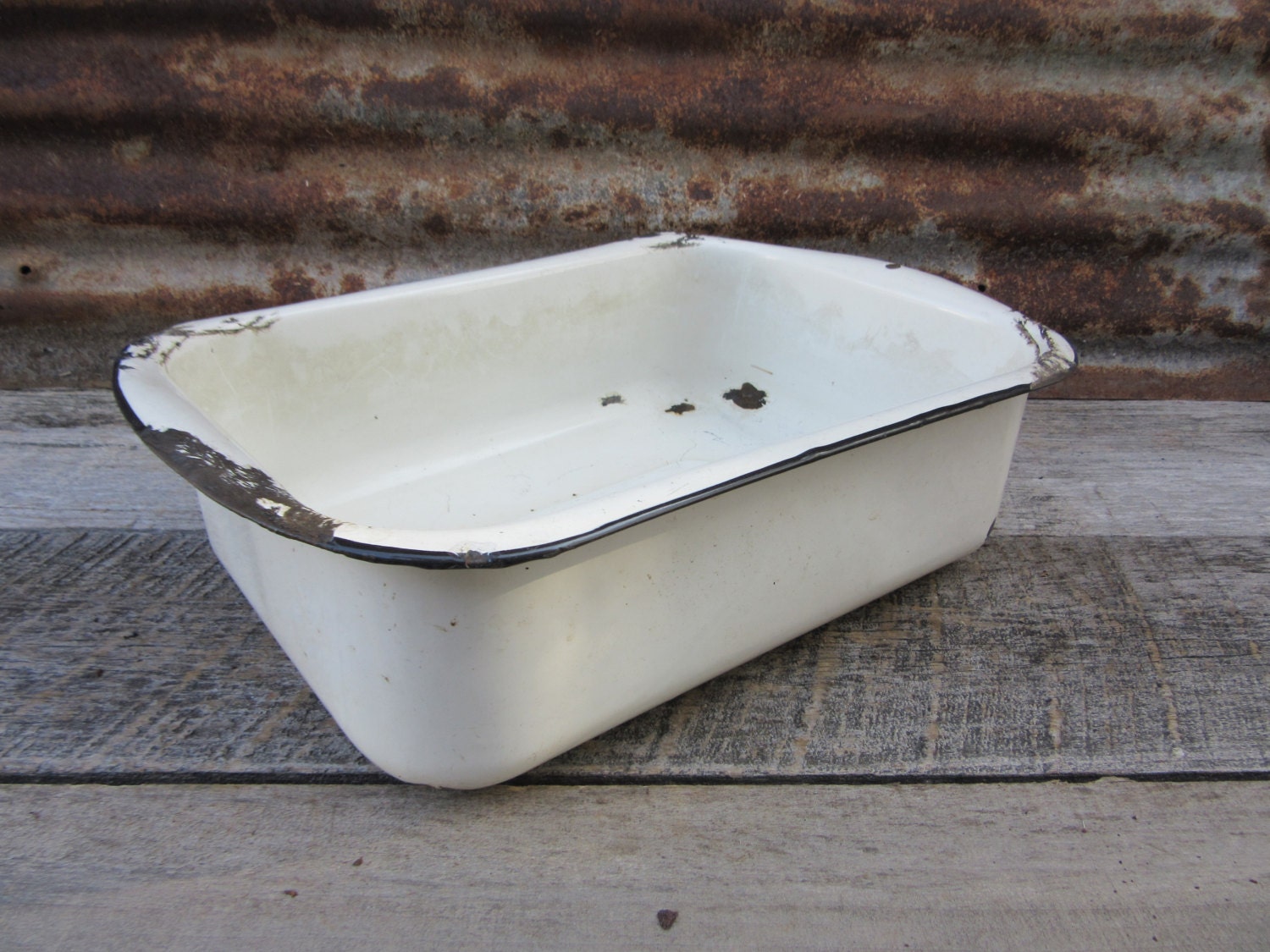 Antique Kitchen Washing Pan Bowl White Porcelain Enamel Over