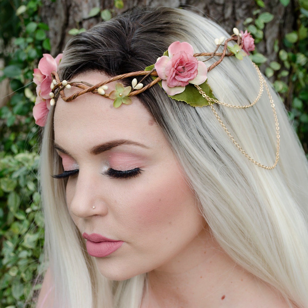 Pink boho flower crown wedding tiara by Frecklesfairychest