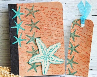 Starfish Mini Journal with Matching Bookmark, Handmade Pocket Notebook, Altered Composition Book, Ocean Inspired Vacation Planner
