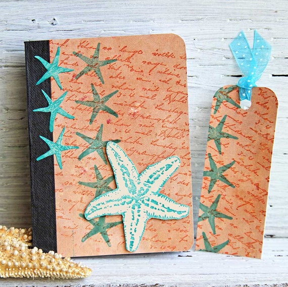 Starfish Mini Journal with Matching Bookmark, Handmade Pocket Notebook, Altered Composition Book, Ocean Inspired Vacation Planner