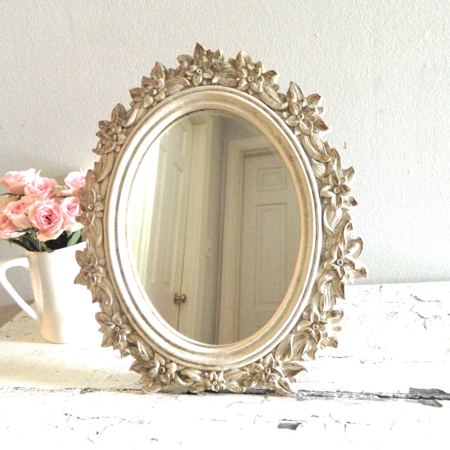 Vintage Mirror White/Cream Shabby Chic Ornate Syroco Wood