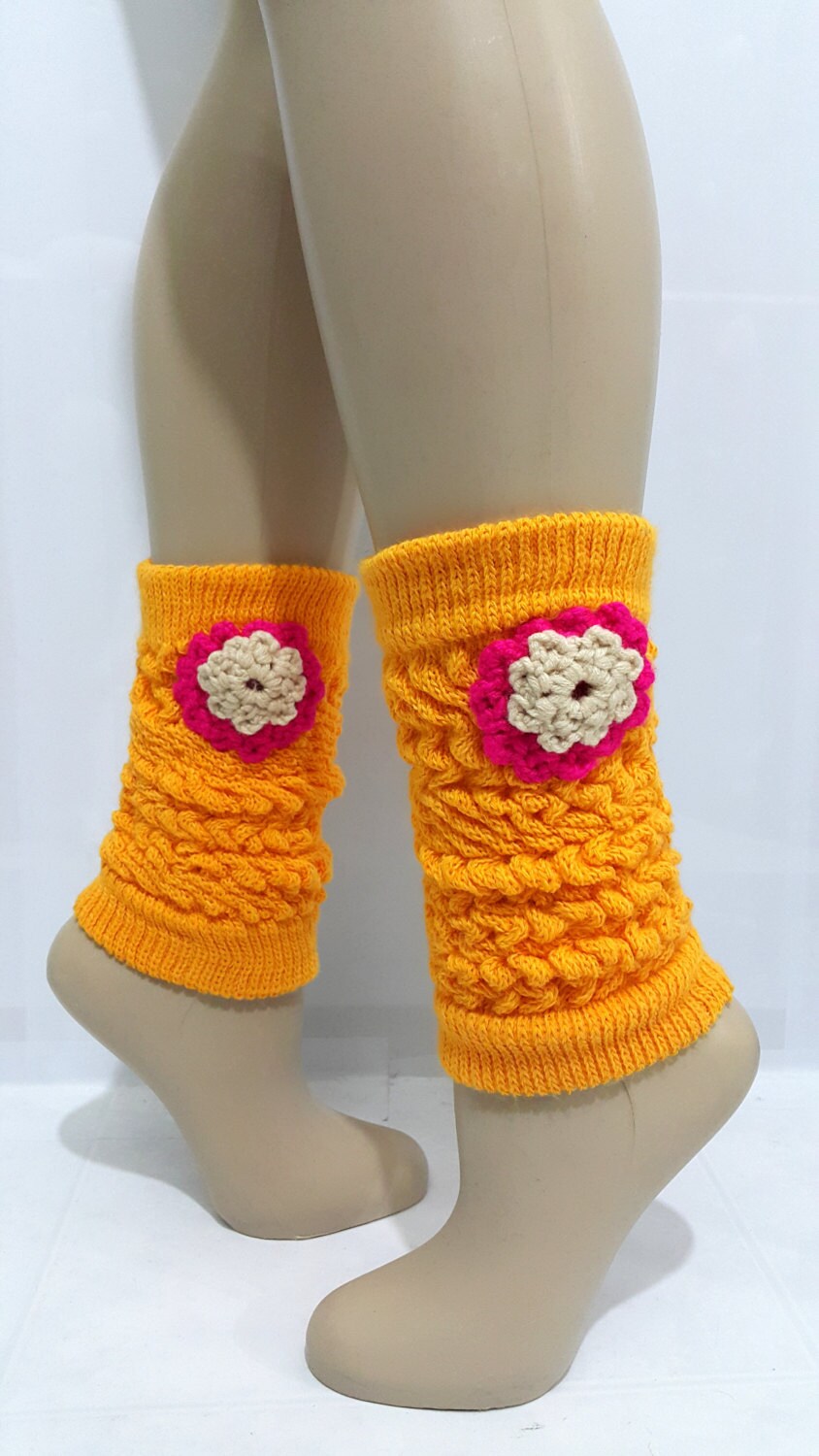 leg warmers Orange leg warmer with Knit flowers girly leg