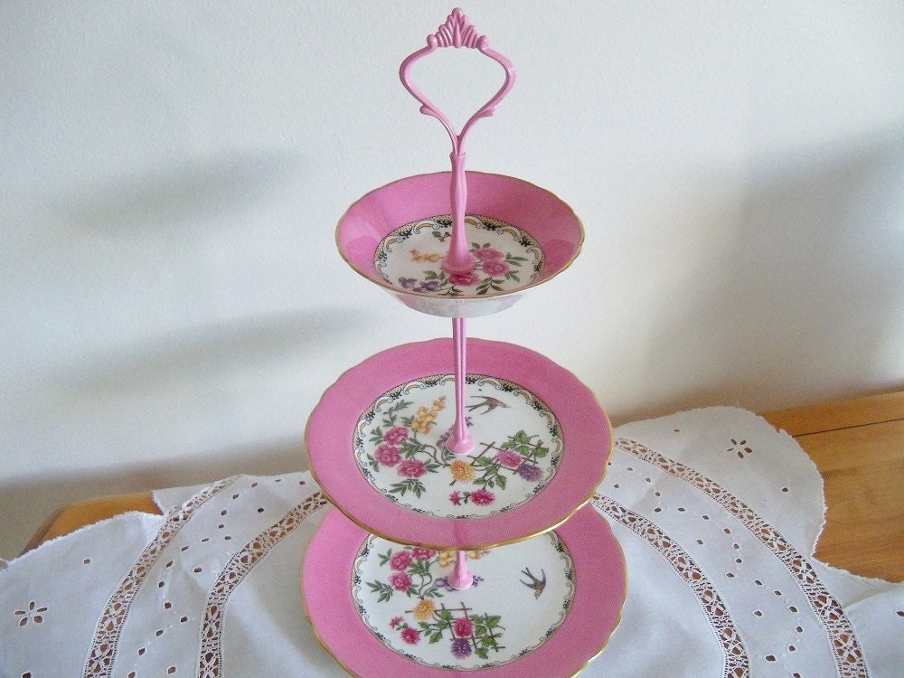 Vintage Aynsley pink Mikado 3tier english bone china cake stand, tea