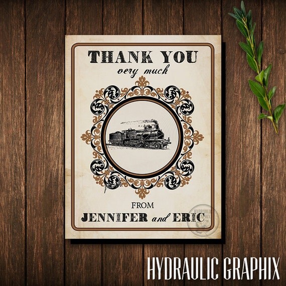 Steampunk Train Thank You Card, Train Party, Printable Thank You Card, Train Wedding Thank You Card, Industrial Theme Thank You Card Il_570xn