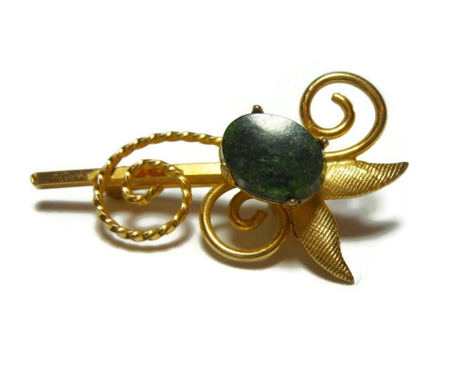 FREE SHIPPING Ekelund floral lapel pin brooch, 1/20 12k gf with malachite or agate stone, graceful swirls, small