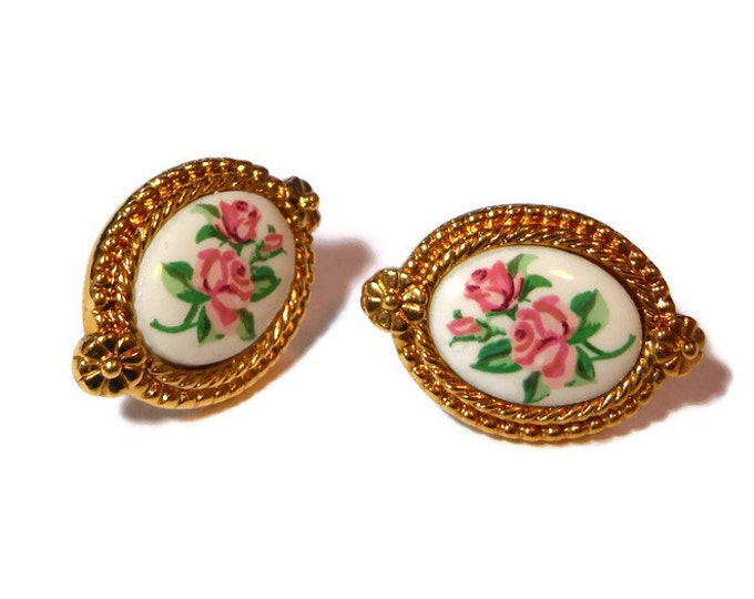 FREE SHIPPING Avon rose earrings, pink roses on a white cabochon with a gold rope frame, oval, studs