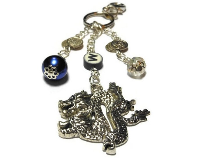 Personalized dragon clasp, Tibetan silver dragon, Swarovski AB crystal, blue cultured pearl, coin charms, purse clasp, dice bag, keychain