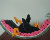 Crow on Watermelon, Summertime, decoration, handpainted, shelf sitter
