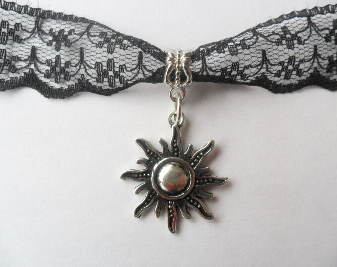 Black lace choker necklace with silver tone sun fire pendant , Leon, Mathilda, Natalie Portman Ribbon Choker Necklace