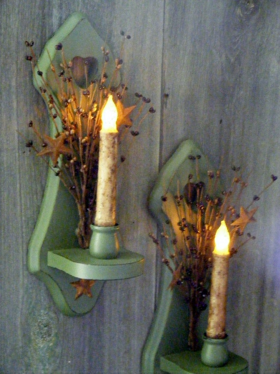 Primitive Home Decor2 Candle Holders with Led by theprimplace