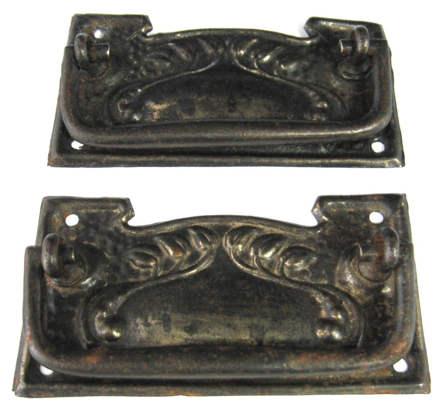 Art Nouveau Drawer Pull Pair Leaves Tin England 1890s