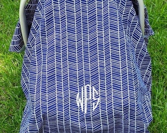 Car Seat Cover Navy Herringbone Car Seat Cover / Modern Car Seat Cover / Car Seat Tent / Car Seat Canopy / Baby Car Seat Cover / Monogrammed