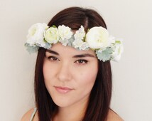 Soft White Ranunculus Cherry Blossom Hop Leaf Flower Crown - Floral Headband, Floral Crown, - il_214x170.756221075_kmvi