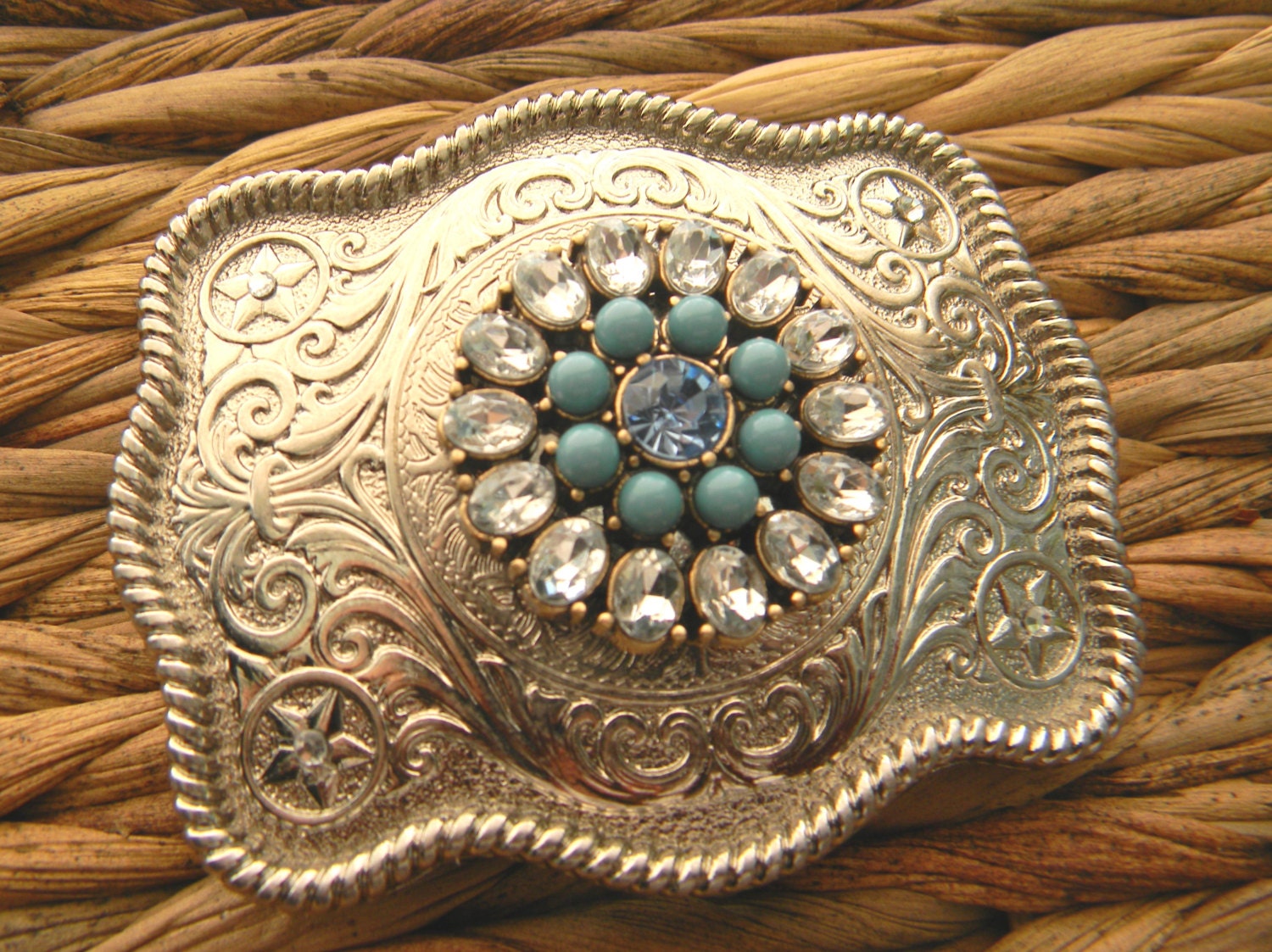 Rhinestone Turquoise Belt Buckle Silver Western Womens Boho