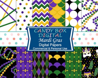 Mardi Gras Digital Paper, New Orleans Digital Scrapbook Paper, Masks, Beads, Fleur De Lis - Commercial Use OK