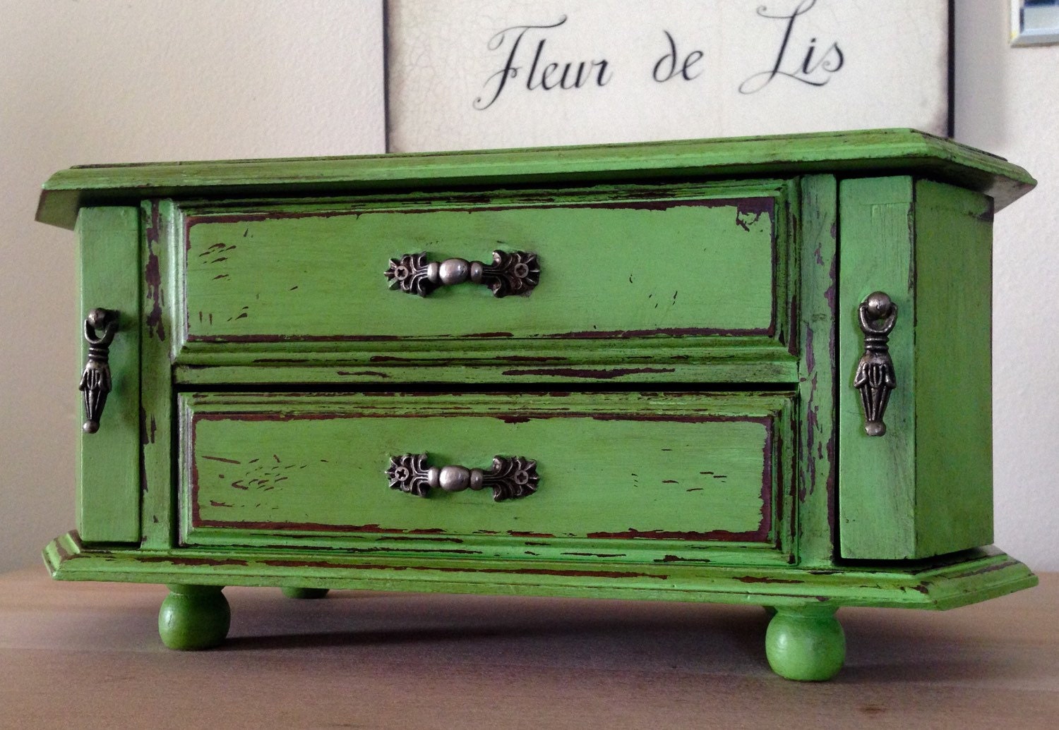Vintage Wood Jewelry Box Hand Painted Distressed Green Rustic