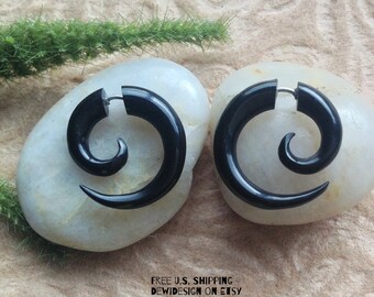 Fake Gauge Earrings, "Tiny Spirals" Natural, Horn, Handcrafted, Tribal