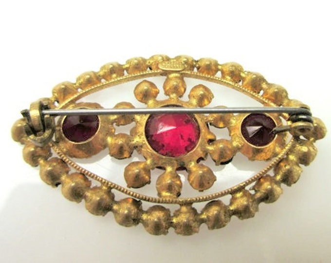 Czecho Slovakia Brooch Czech Red Rhinestone gold plated pin